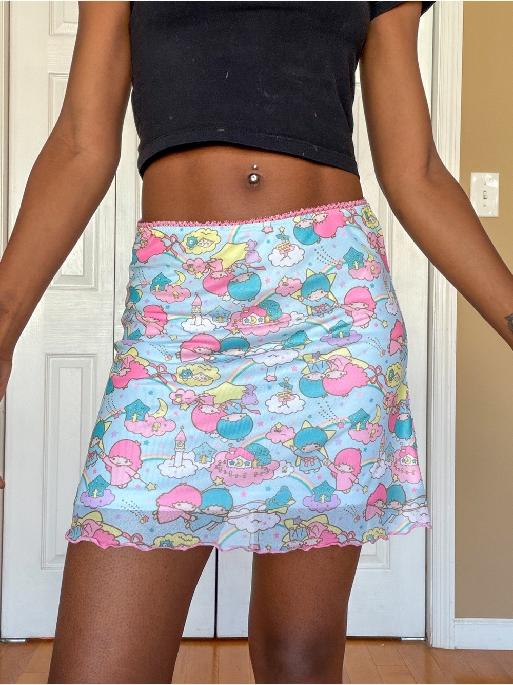Dolls Kill Pastel Character Print Mini Skirt - Pink, Blue & Yellow
